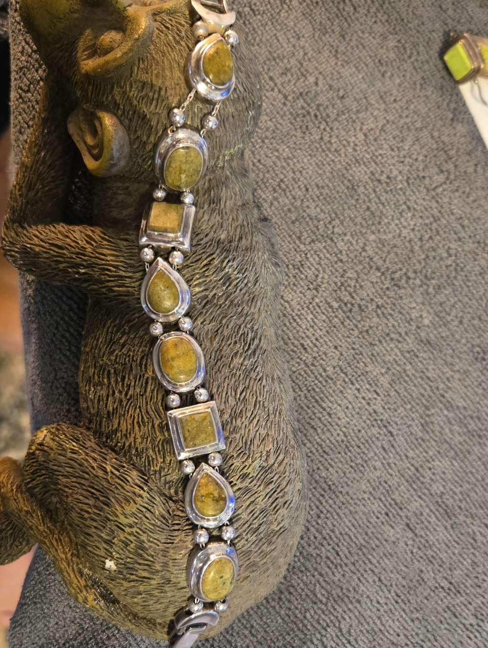 Sterling Silver Olive Green Stone Link Bracelet